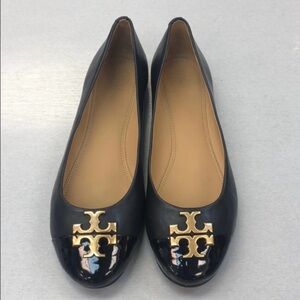 Tory Burch Black and Gold Flats with Signature Logo